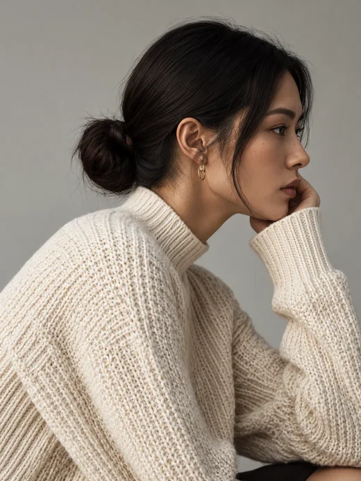 A cream cable knit, close