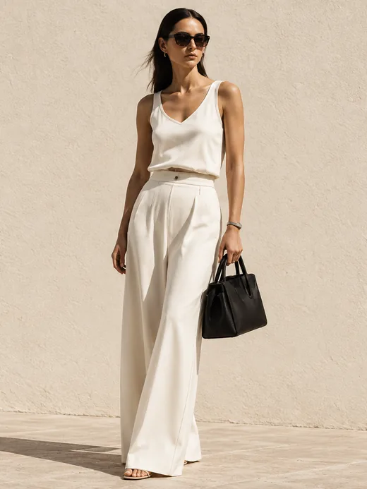 A cream knit vest and wide-leg trousers in daylight
