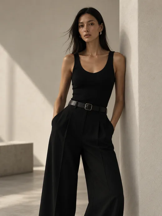 A black tank with high-waisted wide-leg trousers