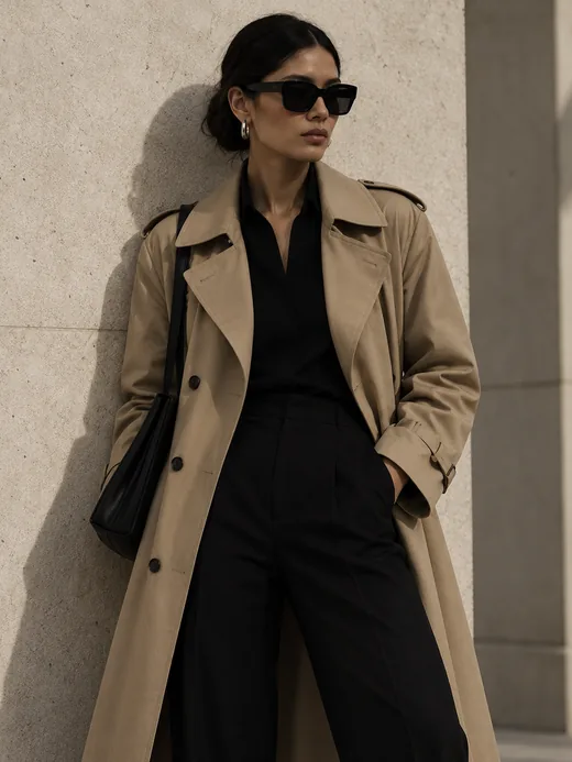 A camel trench over black tailoring