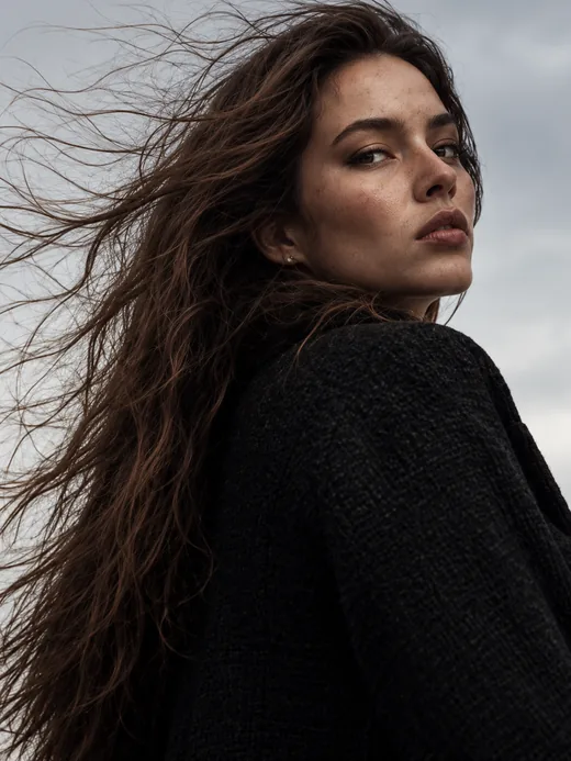 A black knit, windswept