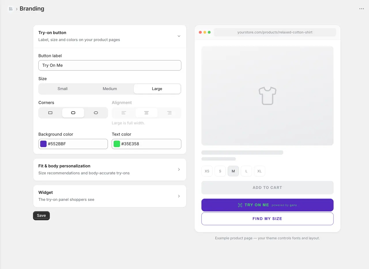 Garu branding settings with a live preview of the try-on button